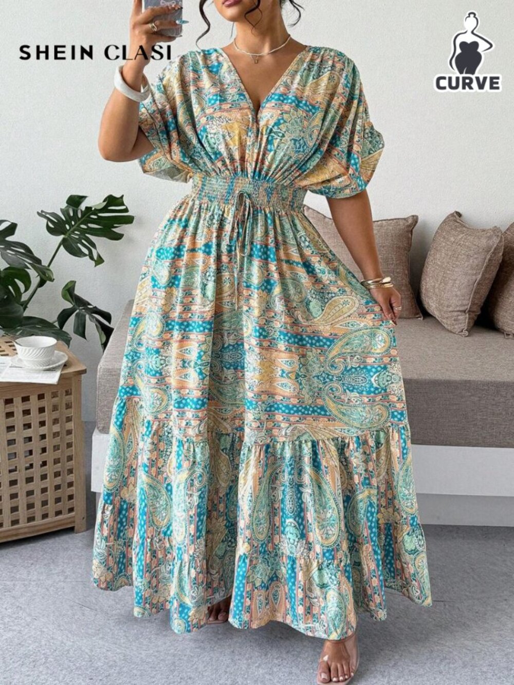 SHEIN Plus Size Women Vacation V-Neck Floral Print High Waist Ruffle Hem Dress